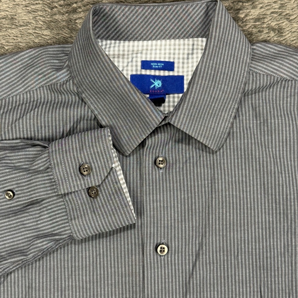 Egara Dress Shirt Mens L Grey Striped Slim Fit Non-Iron Long Sleeve Button Down